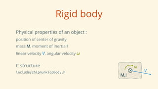 Rigid body
Physical properties of an object :
position of center of gravity
mass M, moment of inertia I
linear velocity V, angular velocity ω
C structure
include/chipmunk/cpBody.h
M,I
V
ω
 