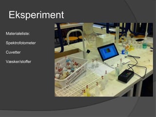 Eksperiment
Materialeliste:

Spektrofotometer

Cuvetter

Væsker/stoffer
 
