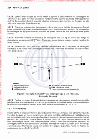 5.3.2.5	 Soltar a massa rígida de ensaio. Medir e registrar a carga máxima nas ancoragens de
extremidade e no ponto móvel de ancoragem. Também medir e registrar a deflexão dinâmica máxima
da linha de ancoragem flexível no ponto móvel de ancoragem, por exemplo, por filmagem de alta
velocidade, transdutor de deslocamento.
5.3.2.6	 Checar se o ponto móvel de ancoragem não se desconecta da linha de ancoragem flexível
e se a massa rígida de ensaio é retida claramente fora do chão. Registrar o resultado. Se o dispositivo
de ancoragem for equipado com um indicador de queda, verificar se este indica que uma queda
ocorreu.
5.3.2.7	 Aumentar a massa no dispositivo de ancoragem para 300 kg ou aplicar esta carga no
dispositivo de ancoragem por ( 0 25
0
3 ,
+ ) min. Checar se a massa rígida de ensaio é mantida visivelmente
acima do solo.
5.3.2.8	 Instalar o vão único mais curto permitido pelo fabricante para o dispositivo de ancoragem
(ver Figura 8) de acordo com a informação fornecida pelo a fabricante. Realizar os ensaios descritos
em 5.3.2.2 a 5.3.2.7.
Legenda
1
D deflexão dinâmica
1 vão mais longo/curto
D
célula de carga
ancoragem de extremidade
direção de carga
absorvedor de energia (se existente)
Figura 8 – Exemplo de dispositivo de ancoragem tipo C com vão único,
disposição de ensaio
5.3.2.9	 Realizar um ensaio de força dinâmica e integridade, no vão mais curto e mais longo permitido
pelo fabricante, imediatamente ao lado de uma ancoragem de extremidade e onde existam dispositivos
de entrada/saída ou junção na linha. Realizar os ensaios descritos em 5.3.2.2 a 5.3.2.7.
5.3.3	 Vãos múltiplos
Instalar a linha de ancoragem flexível, de acordo com a informação fornecida pelo fabricante, incluindo
três vãos, dos quais um vão, do comprimento mais longo permitido pelo fabricante, é instalado em uma
das extremidades da linha de ancoragem flexível e os outros dois vãos, do menor comprimento possível
permitido pelo fabricante, conforme Figura 9. Instalar células de cargas nas duas extremidades da
linha de ancoragem flexível. Se o fabricante oferece cantos(s) como uma opção para o dispositivo de
ancoragem, também deve ser realizado um ensaio incluindo um canto de 90° entre o vão mais longo
e um mais curto. O formato de ensaio com canto(s) deve seguir o disposto na Figura 10. Realizar os
ensaios descritos em 5.3.3.2 e 5.3.3.3.
14
ABNT NBR 16325-2:2014
© ABNT 2014 - Todos os direitos reservados
Exemplar
para
uso
exclusivo
-
TARGET
EDITORA
GRÁFICA
LTDA
-
07.907.402/0001-13
(Pedido
508770
Impresso:
05/12/2014)
Arquivo
de
impressão
gerado
em
29/08/2015
19:48:01
de
uso
exclusivo
de
FIX
SOLUCOES
EM
SISTEMAS
DE
ANCORAGEM
LTDA
[18.956.349/0001-67] Arquivo de impressão gerado em 29/08/2015 19:48:01 de uso exclusivo de FIX SOLUCOES EM SISTEMAS DE ANCORAGEM LTDA [18.956.349/0001-67]
 