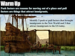 Identify 3 push or pull factors that brought 
immigrants to the New World and 3 that 
attract immigrants to the US today. 
© Students of History - http://www.teacherspayteachers.com/Store/Students-Of-History 
 