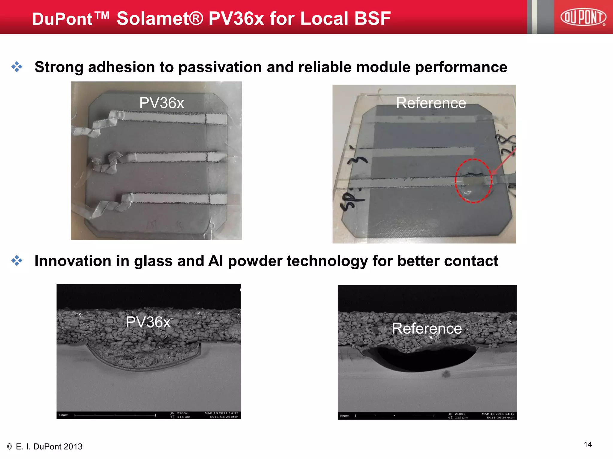 © E. I. DuPont 2013 
DuPont™ Solamet® PV36x for Local BSF 
Strong adhesion to passivation and reliable module performance 
Innovation in glass and Al powder technology for better contact 
Reference 
PV36x 
Al 
Si 
Al 
Si 
PV36x 
Reference 
14  