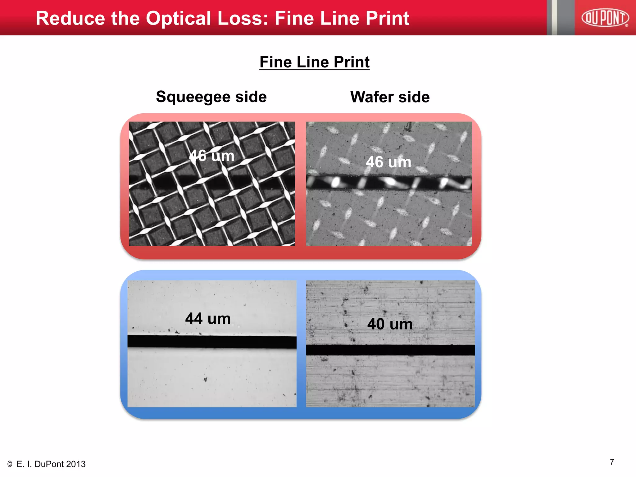 © E. I. DuPont 2013 
7 
Reduce the Optical Loss: Fine Line Print 
Squeegee side 
Wafer side 
44 um 
40 um 
46 um 
46 um 
Fine Line Print  