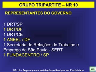 NR-10 – Segurança em Instalações e Serviços em Eletricidade
1 DRT/SP
1 DRT/DF
1 DRT/CE
1 ANEEL / DF
1 Secretaria de Relações do Trabalho e 
Emprego de São Paulo - SERT
1 FUNDACENTRO / SP 
 
GRUPO TRIPARTITE – NR 10GRUPO TRIPARTITE – NR 10
REPRESENTANTES DO GOVERNO
 