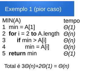 Exemplo 1 (pior caso)
MIN(A)
1 min = A[1]
2 for i = 2 to A.length
3 if min > A[i]
4 min = A[i]
5 return min
tempo
Θ(1)
Θ(n)
Θ(n)
Θ(n)
Θ(1)
Total é 3Θ(n)+2Θ(1) = Θ(n)
 