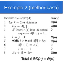 Exemplo 2 (melhor caso)
tempo
Θ(n)
Θ(n)
0
Θ(n)
Θ(n)
0
0
Θ(n)
Total é 5Θ(n) = Θ(n)
 
