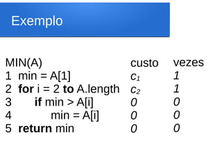 Exemplo
MIN(A)
1 min = A[1]
2 for i = 2 to A.length
3 if min > A[i]
4 min = A[i]
5 return min
custo
c1
c2
0
0
0
vezes
1
1
0
0
0
 