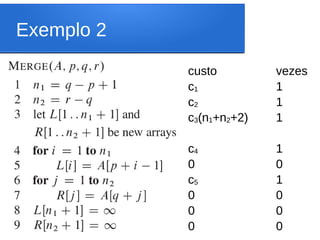 Exemplo 2
custo
c1
c2
c3(n1+n2+2)
c4
0
c5
0
0
0
vezes
1
1
1
1
0
1
0
0
0
 