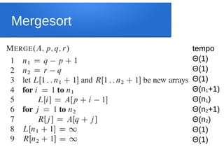 Mergesort
tempo
Θ(1)
Θ(1)
Θ(1)
Θ(n1+1)
Θ(n1)
Θ(n2+1)
Θ(n2)
Θ(1)
Θ(1)
 