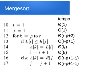 Mergesort
tempo
Θ(1)
Θ(1)
Θ(r-p+2)
Θ(r-p+1)
Θ(tL)
Θ(tL)
Θ(r-p+1-tL)
Θ(r-p+1-tL)
 