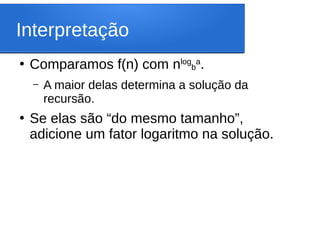 Interpretação
●
Comparamos f(n) com nlog
b
a
.
– A maior delas determina a solução da
recursão.
●
Se elas são “do mesmo tamanho”,
adicione um fator logaritmo na solução.
 