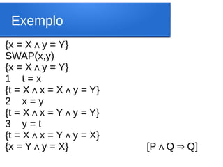 Exemplo
{x = X y = Y
∧ }
SWAP(x,y)
{x = X y = Y
∧ }
1 t = x
{t = X∧x = X y = Y
∧ }
2 x = y
{t = X∧x = Y y = Y
∧ }
3 y = t
{t = X∧x = Y y = X
∧ }
{x = Y y = X} [P Q Q
∧ ∧ ⇒ ]
 