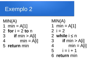 Exemplo 2
MIN(A)
1 min = A[1]
2 for i = 2 to n
3 if min > A[i]
4 min = A[i]
5 return min
MIN(A)
1 min = A[1]
2 i = 2
2 while i ≤ n
3 if min > A[i]
4 min = A[i]
5 i = i + 1
6 return min
 