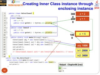 Creating Inner Class instance through
enclosing instance
obj: 1000
x = 5
in1: 2000
y = 1
in2: 3000
z = 2
200
0
300
0
100
0
52
 