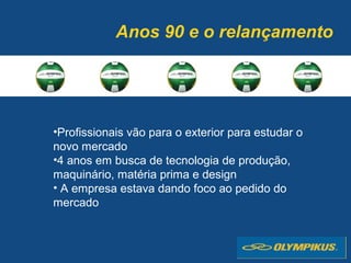 Anos 90 e o relançamento
•Profissionais vão para o exterior para estudar o
novo mercado
•4 anos em busca de tecnologia de produção,
maquinário, matéria prima e design
• A empresa estava dando foco ao pedido do
mercado
 