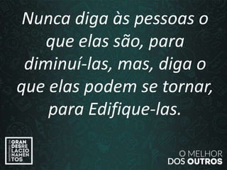 “O amor é paciente”
(1ª Coríntios 13.4)
Nunca diga às pessoas o
que elas são, para
diminuí-las, mas, diga o
que elas podem se tornar,
para Edifique-las.
 