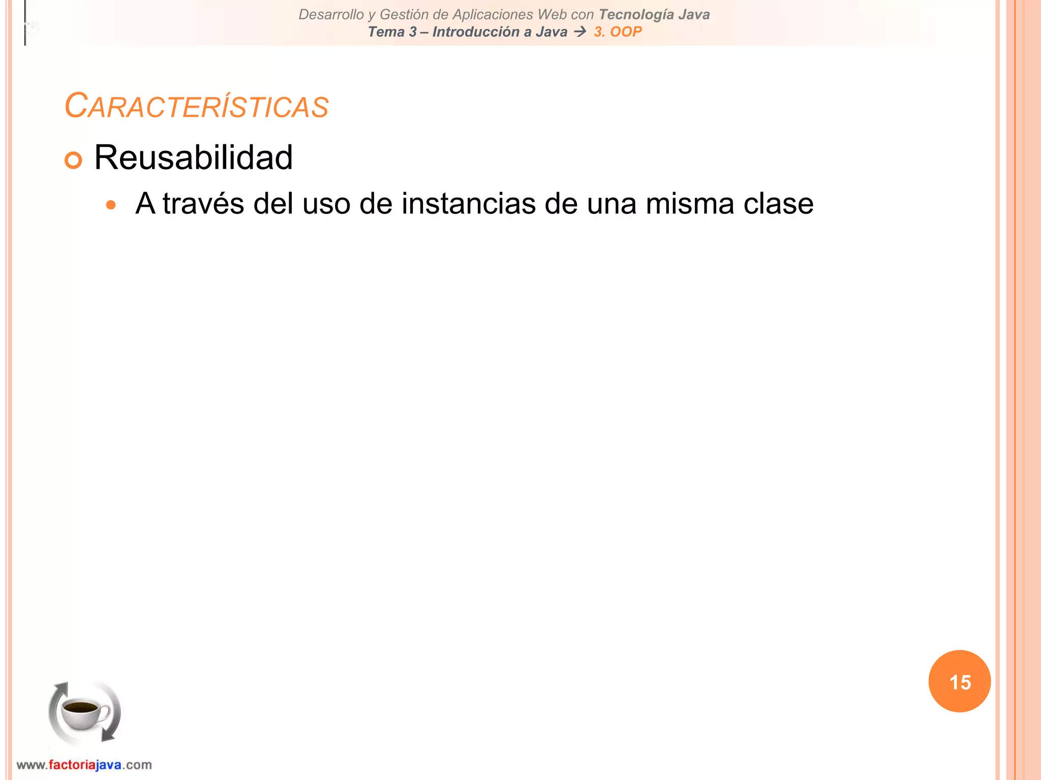 10EncapsulaciónOOP trata de reproducir el mundo real, basándose en objetos.Estos objetos están definidos por sus:Propiedades (o características)Métodos (o acciones que pueden hacerse sobre ellos)Imaginemos un objeto COCHE:Propiedades: color, matrícula, número puertas, …Métodos: arrancar, parar, consultar kilómetros, …