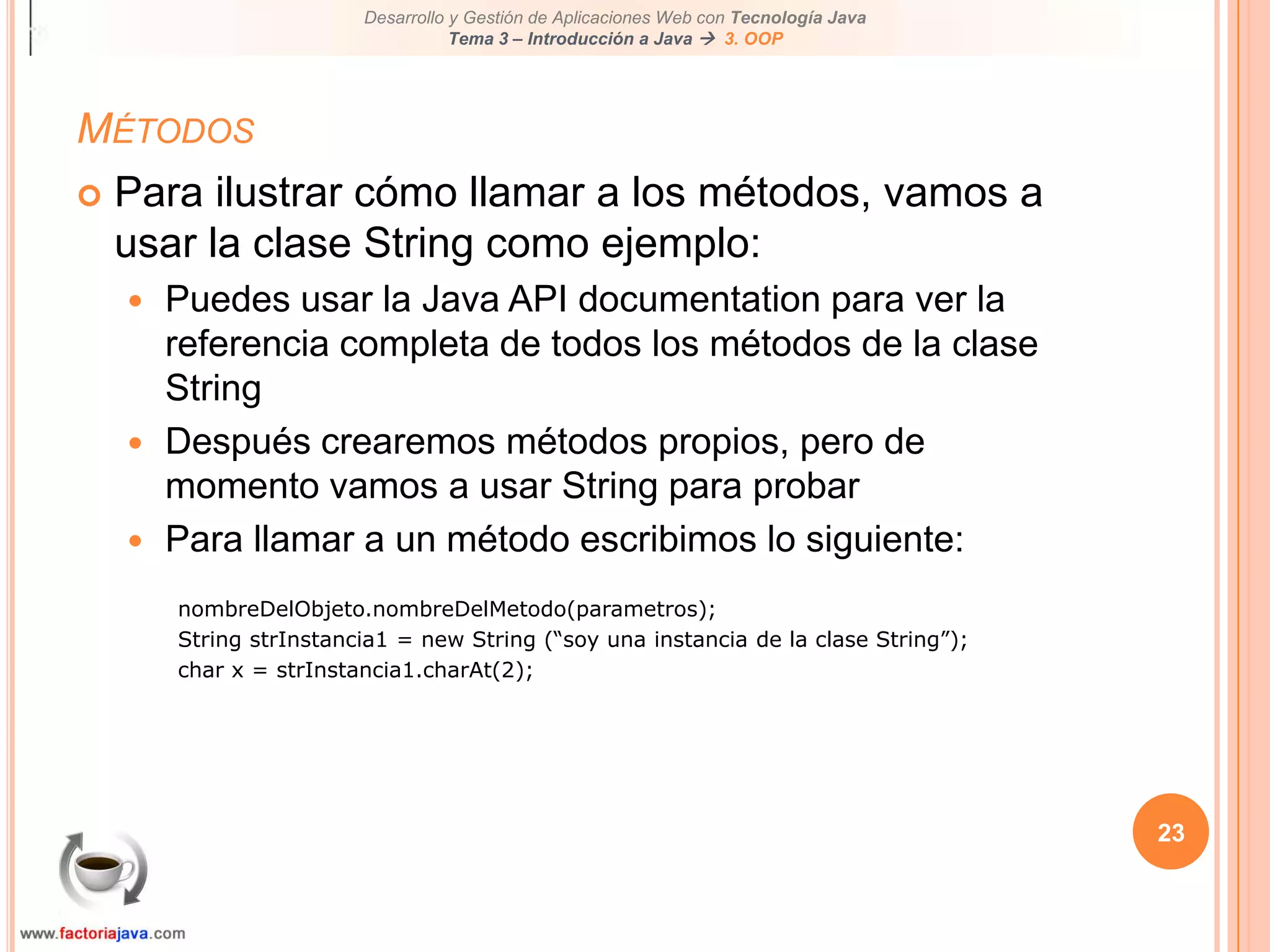 18Creación de instanciasEl operador new:Reserva memoria para el objeto y retorna una referencia de la memoriaCuando creas un objeto se invoca el constructor de la claseEl constructor:Es un método especial que ejecuta las inicializaciones, tiene el mismo nombre de la clase