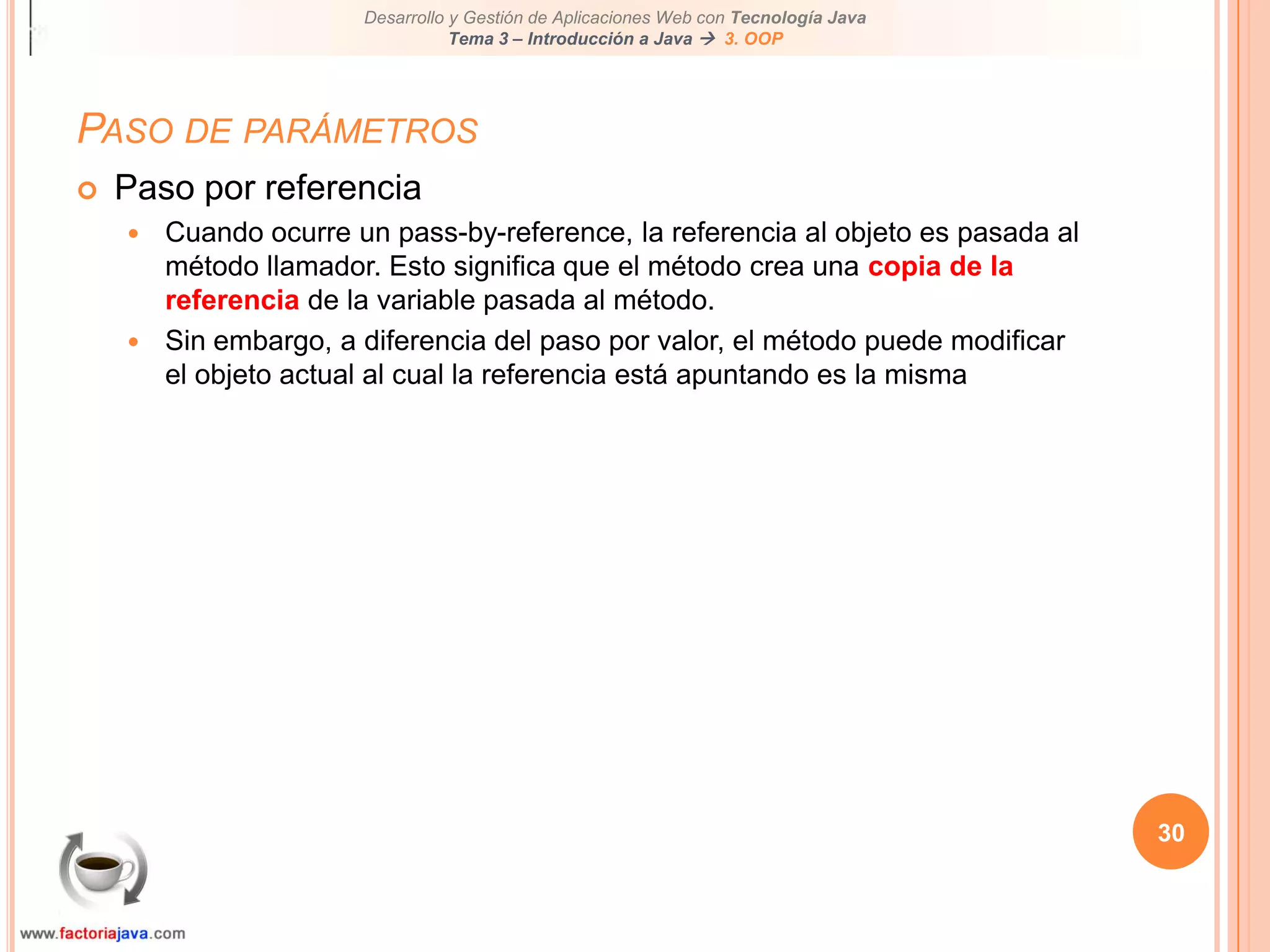 25MétodosMétodos static:Se pueden invocar sin instanciar la clasePertenece a la clase y no a una determinada instanciaSe distinguen de los métodos de una instancia por la palabra reservada staticPara invocar un método static:NombreClase.nombreMetodoStatic (parametros);