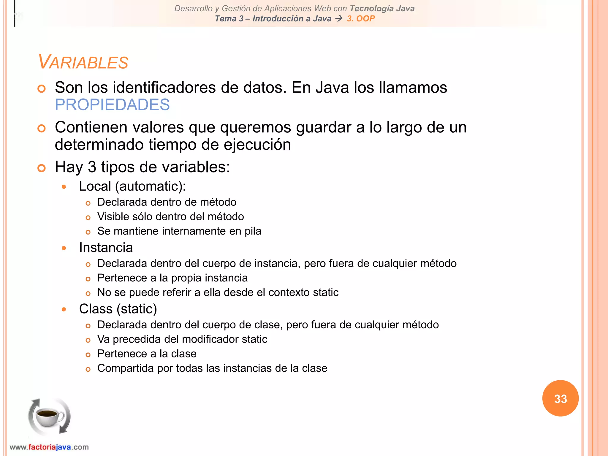 28Paso de parámetrosPaso por valorCuando un pass-by-value ocurre, el método crea una copia de la variable pasada. De esta manera, el método no puede modificar accidentalmente el valor original, aunque modifigue los parámetros durante los cálculos.Todos los datos de tipos primitivos son pass-by-value