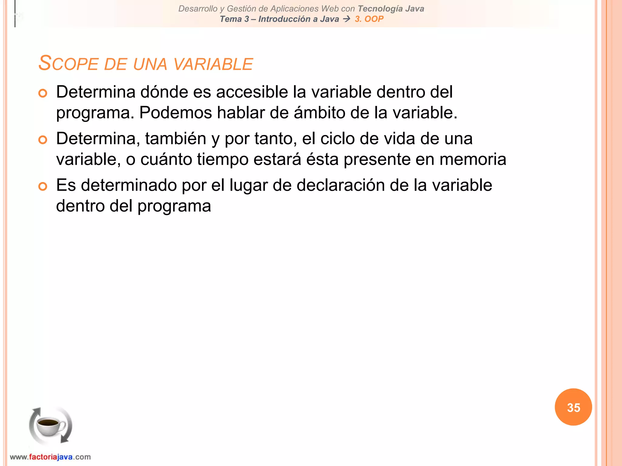 30Paso de parámetrosPaso por referenciaCuando ocurre un pass-by-reference, la referencia al objeto es pasada al método llamador. Esto significa que el método crea una copia de la referencia de la variable pasada al método.Sin embargo, a diferencia del paso por valor, el método puede modificar el objeto actual al cual la referencia está apuntando es la misma