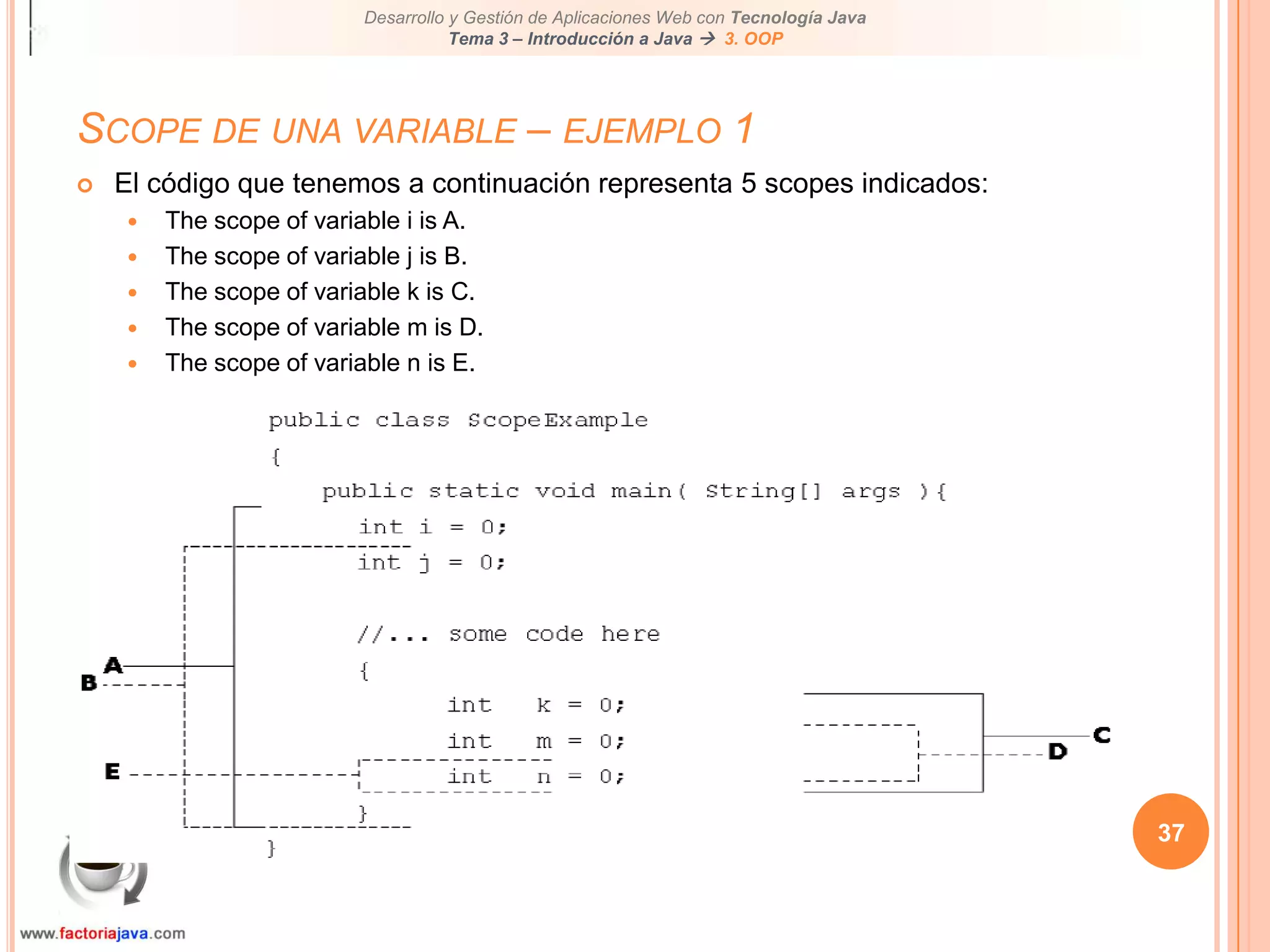 Contenidos de este tema32Programación Orientada a Objetos (OOP)Trabajando con clases built-inEncapsulaciónClases y objetosCaracterísticasCreación de instanciasMétodosPaso de parámetrosVariablesScope de una variableCastingWrapper classesComparación de objetos