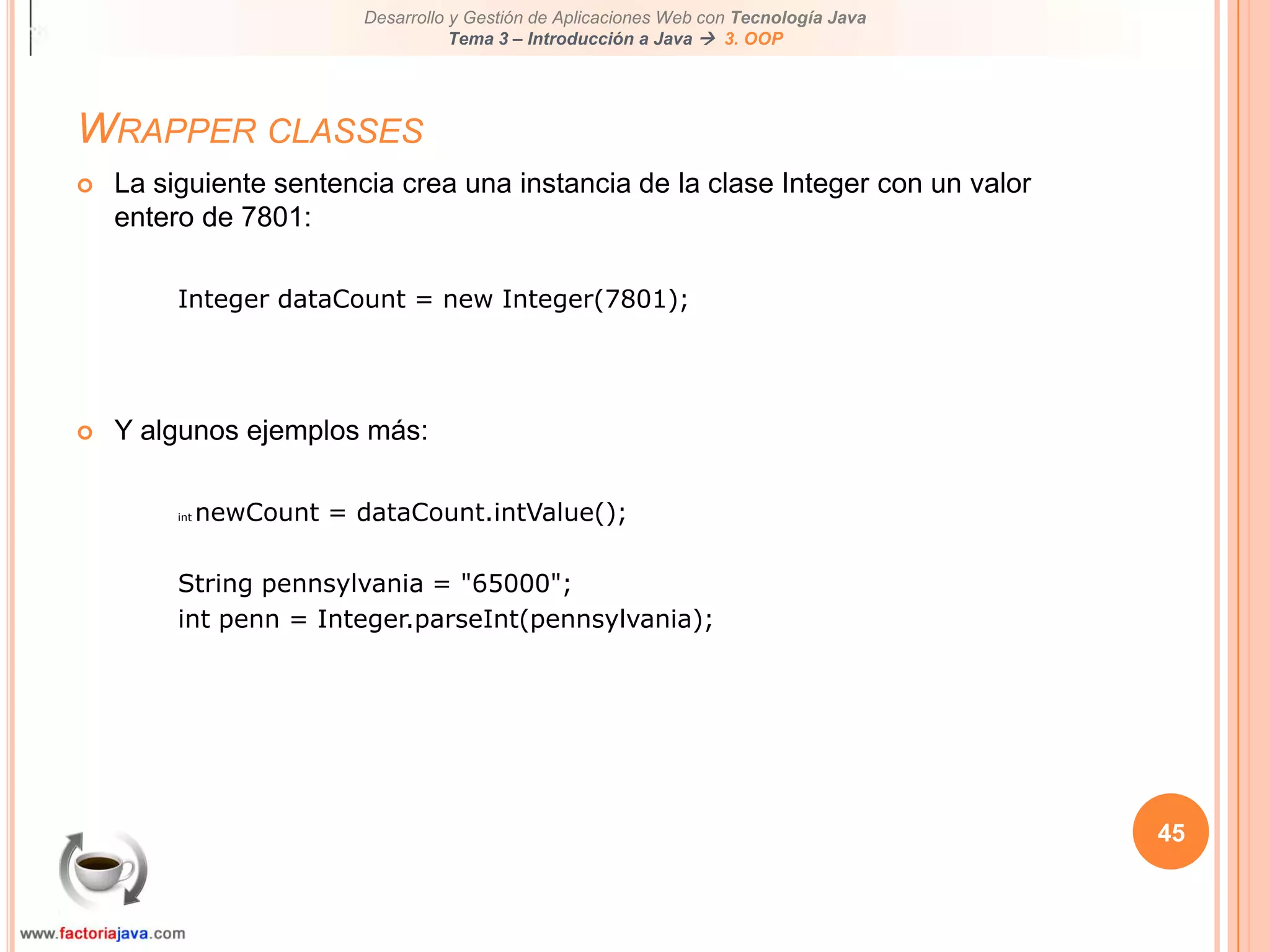 40CastingSignifica mapeo de un tipo de objeto a otroSe puede hacer casting de:Tipos de datos primitivosObjetos con herenciaEl casting entre tipos de datos primitivos habilita la conversión de un tipo de valor en otroNormalmente entre tipos numéricosHay un tipo de datos primitivos que no podemos hacer Existe un tipo de datos al cual no le podemos hacer casting: booleanTipos de casting:ImplícitoExplícito