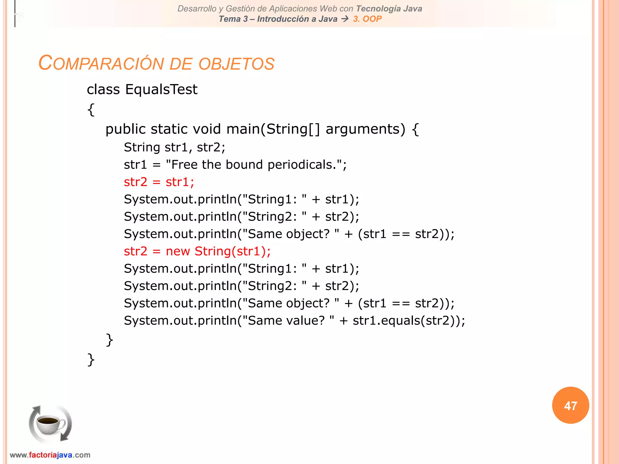 42CastingEn el casting explícito están implicadas clases relacionadas por herenciaEmployee emp = new Employee();VicePresident veep = new VicePresident();// no cast needed for upward useemp = veep;// must cast explicitlyveep = (VicePresident)emp;