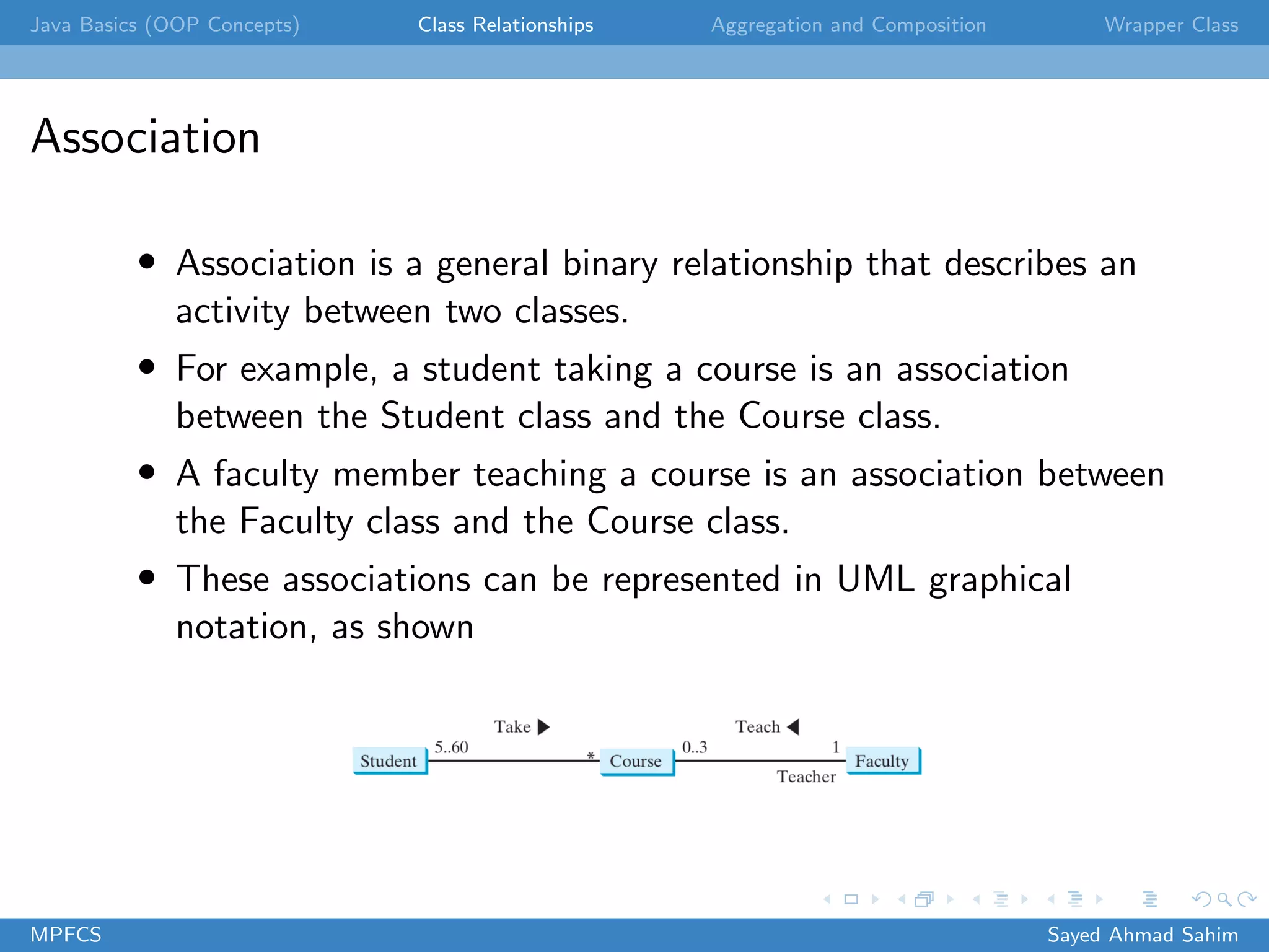Java Basics (OOP Concepts) Class Relationships Aggregation and Composition Wrapper Class
Association
• Association is a general binary relationship that describes an
activity between two classes.
• For example, a student taking a course is an association
between the Student class and the Course class.
• A faculty member teaching a course is an association between
the Faculty class and the Course class.
• These associations can be represented in UML graphical
notation, as shown
MPFCS Sayed Ahmad Sahim
 