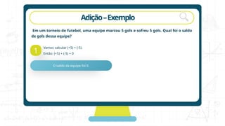 Adição–Exemplo
Em um torneio de futebol, uma equipe marcou 5 gols e sofreu 5 gols. Qual foi o saldo
de gols dessa equipe?
1
Vamos calcular (+5) + (-5).
Então: (+5) + (-5) = 0
O saldo da equipe foi 0.
 