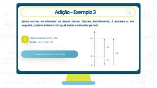 Adição–Exemplo3
Jonas entrou no elevador no andar térreo. Desceu, inicialmente, 2 andares e, em
seguida, subiu 6 andares. Em qual andar o elevador parou?
1
Vamos calcular (-2) + (+6).
Então: (-2) + (+6) = +4
O elevador parou no 4º andar.
 
