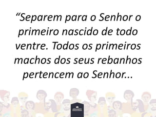 “Separem para o Senhor o
primeiro nascido de todo
ventre. Todos os primeiros
machos dos seus rebanhos
pertencem ao Senhor...
 