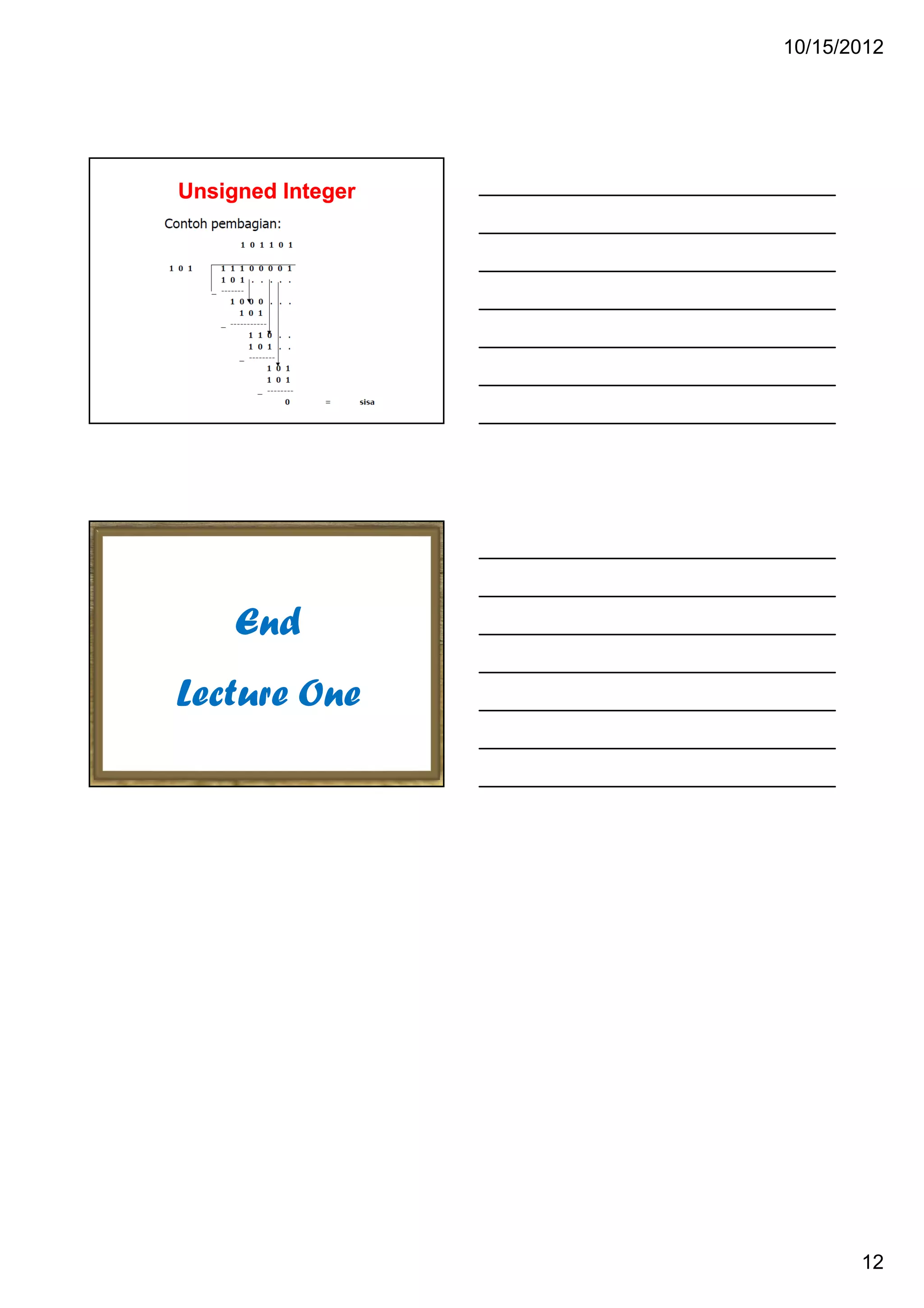 10/15/2012

Unsigned Integer

End
Lecture One

12

 