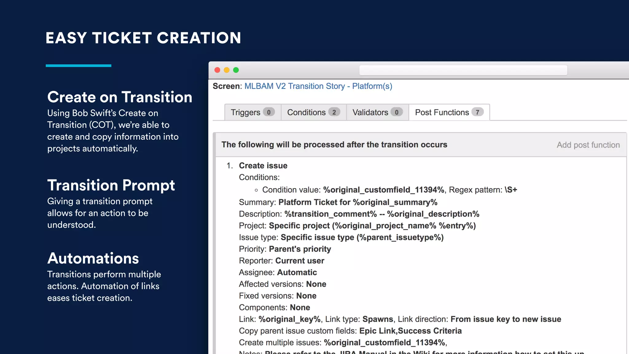 EASY TICKET CREATION
Create on Transition
Using Bob Swift’s Create on
Transition (COT), we’re able to
create and copy information into
projects automatically.
Transition Prompt
Giving a transition prompt
allows for an action to be
understood.
Automations
Transitions perform multiple
actions. Automation of links
eases ticket creation.
 