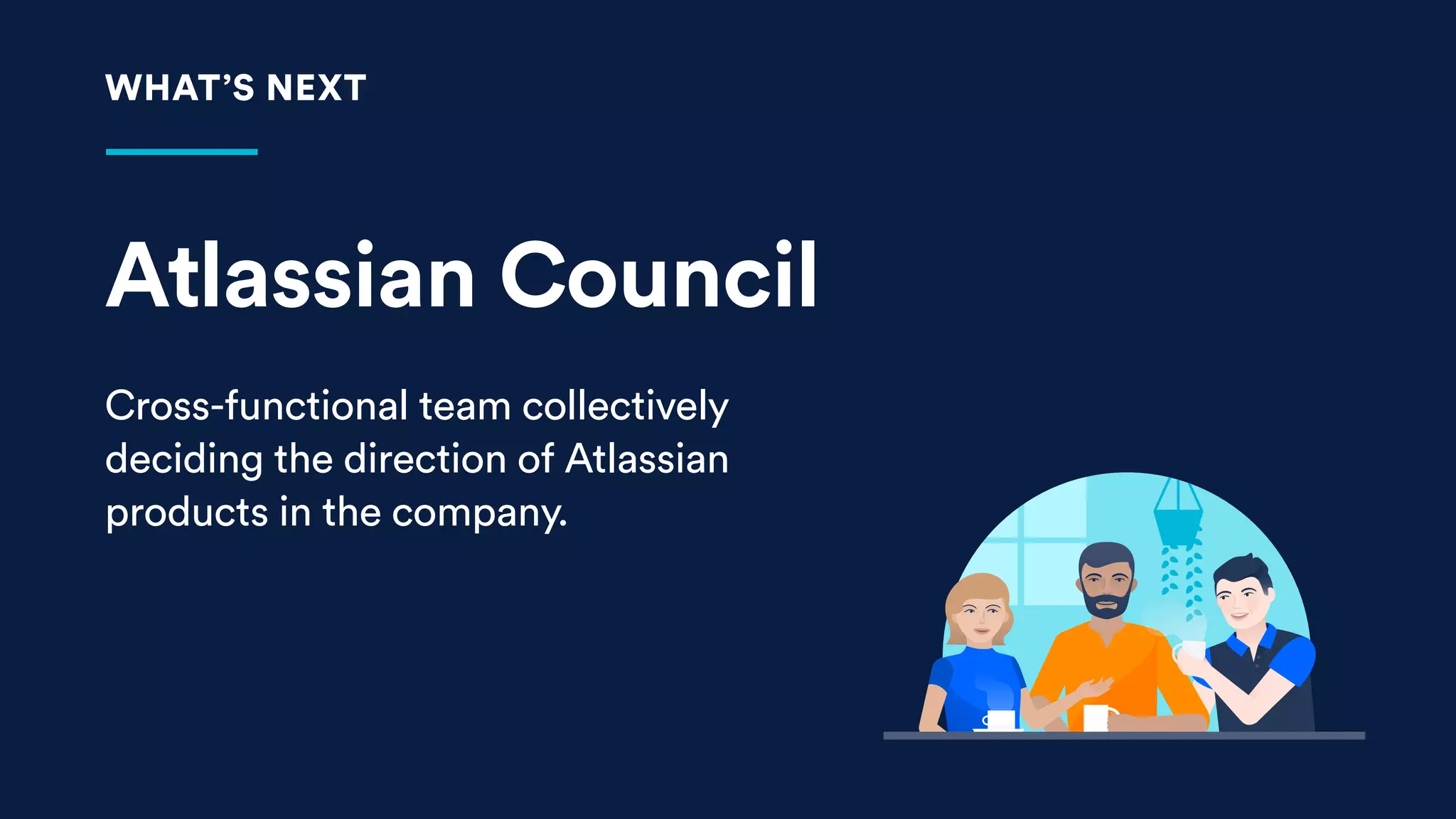 Atlassian Council
Cross-functional team collectively
deciding the direction of Atlassian
products in the company.
WHAT’S NEXT
 