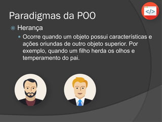 Paradigmas da POO
 Herança
 Ocorre quando um objeto possui características e
ações oriundas de outro objeto superior. Por
exemplo, quando um filho herda os olhos e
temperamento do pai.
 