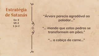 Estratégia
de Satanás
Gn 3
Mt 4
1 Jo 2
“Árvore parecia agradável ao
paladar...”
“... manda que estas pedras se
transformem em pães.”
“... a cobiça da carne...”
 