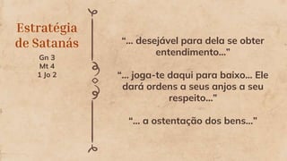 Estratégia
de Satanás
Gn 3
Mt 4
1 Jo 2
“... desejável para dela se obter
entendimento...”
“... joga-te daqui para baixo... Ele
dará ordens a seus anjos a seu
respeito...”
“... a ostentação dos bens...”
 