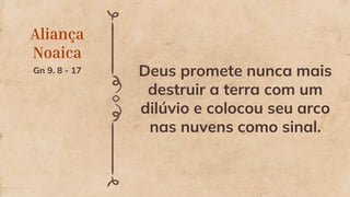 Aliança
Noaica
Gn 9. 8 - 17 Deus promete nunca mais
destruir a terra com um
dilúvio e colocou seu arco
nas nuvens como sinal.
 