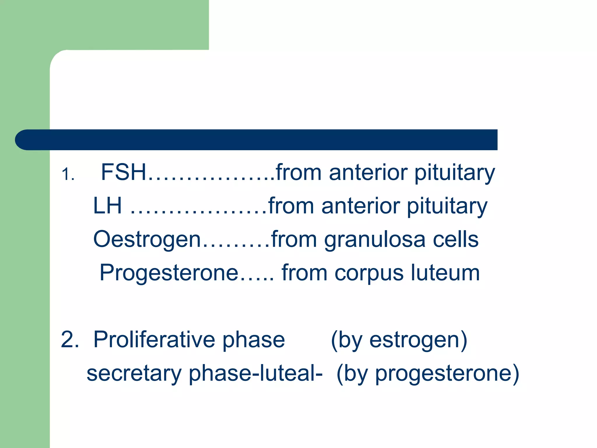 1. FSH……………..from anterior pituitary
LH ………………from anterior pituitary
Oestrogen………from granulosa cells
Progesterone….. from corpus luteum
2. Proliferative phase (by estrogen)
secretary phase-luteal- (by progesterone)
 