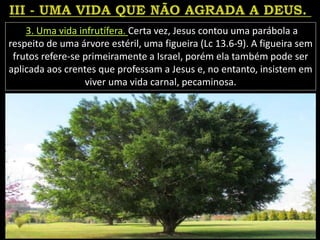 3. Uma vida infrutífera. Certa vez, Jesus contou uma parábola a
respeito de uma árvore estéril, uma figueira (Lc 13.6-9). A figueira sem
frutos refere-se primeiramente a Israel, porém ela também pode ser
aplicada aos crentes que professam a Jesus e, no entanto, insistem em
viver uma vida carnal, pecaminosa.
 