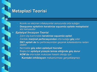 Metaplazi Teorisi

    • Kronik ve rekürren infeksiyonlar sonucunda orta kulağın
    • Desquame epitelinin keratinize squamöz epitele metaplazisi
      söz konusudur
a   Epitelyal İnvazyon Teorisi
    • Zarın dış kısmındaki keratinize squamöz epitel,
    • Zardaki marjinal perforasyondan orta kulağa göç eder
    • DKY epiteli de bu perforasyondan geçerek kolesteatoma neden
      olabilir
    • Normalde göç eden epitelyal hücreler
    • Başka bir epitelyal yüzeyle temas ettiğinde göç durur
    • KOM’da orta kulak mukozası hasarlı olduğu için
        Kontakt inhibisyon mekanizması gerçekleşmez
 