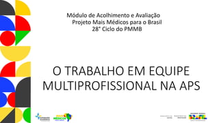 O TRABALHO EM EQUIPE
MULTIPROFISSIONAL NA APS
Módulo de Acolhimento e Avaliação
Projeto Mais Médicos para o Brasil
28° Ciclo do PMMB
 
