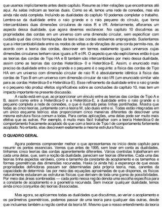 que usamos implicitamente antes deste capítulo. Resume as inter-relações que encontramos até
aqui. As setas indicam as teorias duais. Como se vê, temos uma rede de conexões, mas ela
ainda não está completa. Incluindo as dualidades do capítulo 10 podemos completar o trabalho.
Lembre-se da dualidade entre o raio grande e o raio pequeno do círculo, que torna
intercambiáveis duas dimensões circulares de raios R e l/R. Anteriormente, afloramos um
aspecto dessa dualidade, que agora devemos esclarecer. No capítulo 10 discutimos as
propriedades das cordas em um universo com uma dimensão circular, sem especificar com
cuidado qual das cinco formulações da teoria das cordas estávamos empregando. Sustentamos
que a intercambiabilidade entre os modos de voltas e de vibrações de uma corda permite-nos, de
acordo com a teoria das cordas, descrever em termos exatamente iguais universos cujas
dimensões circulares tenham raios iguais a R e l/R. O aspecto que não explicitamos então é que
as teorias das cordas de Tipo HA e B também são intercambiáveis por meio dessa dualidade,
assim como as teorias das cordas Heterótica- 0 e Heterótica-E. Assim, o enunciado mais
preciso da dualidade entre o raio grande e o pequeno é o seguinte: a física das cordas de Tipo
HA em um universo com dimensão circular de raio R é absolutamente idêntica à física das
cordas de Tipo B em um universo com dimensão circular de raio l/R (um enunciado similar vale
para as cordas Heterótica-0 e Heterótica-E). Esse refinamento da dualidade entre o raio grande
e o pequeno não produz efeitos significativos sobre as conclusões do capítulo 10, mas tem um
impacto importante na presente discussão.
A razão está em que, ao proporcionar um vínculo entre as teorias das cordas de Tipo A e
B, assim como entre a Heterótica-0 e a Heterótíca-E, a dualidade entre o raio grande e o
pequeno completa a rede de conexões, o que é ilustrado pelas linhas pontilhadas. Mostra que
todas as cinco teorias, juntamente com a teoria M, são duais entre si. Todas estão integradas em
um único esquema teórico; elas proporcionam cinco maneiras diferentes de descrever uma
mesma estrutura física comum a todas. Para certas aplicações, uma delas pode ser muito mais
efetiva que as outras. Por exemplo, é muito mais fácil trabalhar com a teoria Heterótica-0 de
comportamento fracamente acoplado do que com a teoria de Tipo I de comportamento fortemente
acoplado. No entanto, elas descrevem exatamente a mesma estrutura física.
O QUADRO GERAL
Agora podemos compreender melhor o que apresentamos no início deste capítulo para
resumir os pontos essenciais. Vemos que antes de 1995, sem levar em conta as dualidades,
tínhamos cinco teorias das cordas aparentemente diferentes. Vários cientistas trabalharam em
cada uma delas, que, sem a noção da dualidade, pareciam ser teorias diferentes. Cada uma das
teorias tinha aspectos variáveis, como o tamanho da constante de acoplamento e os tamanhos e
formas geométricas das dimensões recurvadas. Havia (e ainda há) a esperança de que essas
propriedades definidoras possam ser determinadas pela própria teoria, mas, carentes da
capacidade de determiná- las por meio das equações aproximadas de que dispomos, os físicos
naturalmente estudaram as estruturas físicas que derivam de toda uma gama de possibilidades.
Por meio das áreas sombreadas — cada ponto nessa região denota uma escolha específica para
a constante de acoplamento e a geometria recurvada. Sem invocar qualquer dualidade, temos
ainda cinco (conjuntos de) teorias dissociadas.
Mas agora, se aplicarmos todas as dualidades que discutimos, ao variar o acoplamento e
os parâmetros geométricos, podemos passar de uma teoria para qualquer das outras, desde
que incluamos também a região central da teoria M. Mesmo que o nosso entendimento da teoria
 