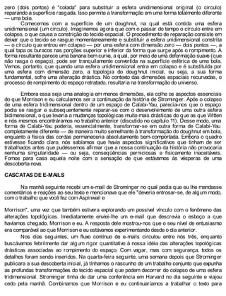 zero (dois pontos) é "colada" para substituir a esfera unidimensional original (o circulo)
reparando a superfície rasgada. Isso permite a transformação em uma forma totalmente diferente
— uma bola.
Comecemos com a superfície de um doughnut, na qual está contida uma esfera
unidimensional (um círculo). Imaginemos agora que com o passar do tempo o círculo entre em
colapso, o que causa a constrição do tecido espacial. O procedimento de reparação consiste em
deixar que o tecido se rasgue momentaneamente e substituir a esfera unidimensional constrita
— o círculo que entrou em colapso — por uma esfera com dimensão zero — dois pontos —, a
qual tapa os buracos nas porções superior e inferior da forma que surge após o rompimento. A
forma resultante parece uma banana bem curva, a qual, por meio de uma deformação suave (que
não rasga o espaço), pode ser tranquilamente convertida na superfície esférica de uma bola.
Vemos, portanto, que quando uma esfera unidimensional entra em colapso e é substituída por
uma esfera com dimensão zero, a topologia do doughnut inicial, ou seja, a sua forma
fundamental, sofre uma alteração drástica. No contexto das dimensões espaciais recurvadas, o
processo de rompimento do espaço retratado, resultaria na transformação do universo.
Embora essa seja uma analogia em menos dimensões, ela colhe os aspectos essenciais
do que Morrison e eu calculamos ser a continuação da história de Strominger. Após o colapso
de uma esfera tridimensional dentro de um espaço de Calabi-Yau, parecia-nos que o espaço
podia se rasgar e subsequentemente reparar-se com o desenvolvimento de uma outra esfera
bidimensional, o que levaria a mudanças topológicas muito mais drásticas do que as que Witten
e nós mesmos encontráramos no trabalho anterior (discutido no capítulo 11). Desse modo, uma
forma de Calabi-Yau poderia, essencialmente, transformar-se em outra forma de Calabi-Yau
completamente diferente — de maneira muito semelhante à transformação do doughnut em bola,
enquanto a física das cordas permaneceria absolutamente bem-comportada. Embora o quadro
estivesse ficando claro, nós sabíamos que havia aspectos significativos que tinham de ser
trabalhados antes que pudéssemos afirmar que a nossa continuação da história não provocaria
nenhuma singularidade — ou seja, conseqüências perniciosas e fisicamente inaceitáveis.
Fomos para casa aquela noite com a sensação de que estávamos às vésperas de uma
descoberta nova.
CASCATAS DE E-MAILS
Na manhã seguinte recebi um e-mail de Strominger no qual pedia que eu lhe mandasse
comentários e reações ao seu texto e mencionava que ele "deveria entrosar-se, de algum modo,
com o trabalho que você fez com Aspinwail e
Morrison", uma vez que também estivera explorando um possível vínculo com o fenômeno das
alterações topológicas. Imediatamente enviei-lhe um e-mail que descrevia o esboço a que
havíamos chegado, Morrison e eu. A resposta dele mostrou-nos que o seu nível de entusiasmo
era comparável ao que Morrison e eu estávamos experimentando desde o dia anterior.
Nos dias seguintes, um fluxo contínuo de e-mails circulou entre nós três, enquanto
buscávamos febrilmente dar algum rigor quantitativo à nossa idéia das alterações topológicas
drásticas associadas ao rompimento do espaço. Com vagar, mas com segurança, todos os
detalhes foram sendo inseridos. Na quarta-feira seguinte, uma semana depois que Strominger
publicara a sua descoberta inicial, já tínhamos o rascunho de um trabalho conjunto que expunha
as profundas transformações do tecido espacial que podem decorrer do colapso de uma esfera
tridimensional. Strominger tinha de dar uma conferência em Harvard no dia seguinte e viajou
cedo pela manhã. Combinamos que Morrison e eu continuaríamos a trabalhar o texto para
 