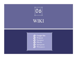 WIKI
Google Site
Wetpaint
Nuospace
PBwiki
Springnote
Wikispaces
06
 