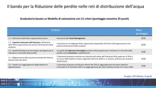 Il bando per la Riduzione delle perdite nelle reti di distribuzione dell'acqua
Graduatoria basata su Modello di valutazione con 11 criteri (punteggio massimo 35 punti)
Criterio Peso
punteggio
1.2 - Definizione della filiera organizzativa interna Attuazione dell’ Asset Management 4/35
1.3 - Capacità realizzativa dell’attuatore: definizione
della filiera organizzativa che porterà all’attuazione della
proposta
L’attuatore ha un’adeguata filiera organizzativa disponibile all’interno dell’organizzazione che
porterà all’attuazione della proposta
4/35
1.4 - Qualità dell’approccio tecnologico perseguito per la
riduzione e il controllo delle perdite
La qualità dell’approccio tecnologico previsto nella proposta per la riduzione e il controllo delle
perdite risulta innovativo e soddisfacente
5/35
2.1 - Miglioramento della situazione attuale del livello di
perdita nella rete idrica
L’intervento proposto consente una riduzione del valore dell’indicatore M1b superiore al 35% al
31 marzo 2026 rispetto al valore registrato nell’anno 2020 (o, in assenza, nell’anno più recente a
disposizione)
2/35
2.3 - Impatto sul raggiungimento degli obiettivi di
digitalizzazione
L’intervento proposto contribuisce almeno del 10% al raggiungimento del valore obiettivo
intermedio al 31 dicembre 2024 e al raggiungimento del valore obiettivo finale al 31 marzo 2026
3/35
Gruppo CAP Milano, 8 aprile
 