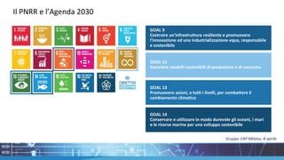 Il PNRR e l’Agenda 2030
GOAL 12
Garantire modelli sostenibili di produzione e di consumo
GOAL 13
Promuovere azioni, a tutti i livelli, per combattere il
cambiamento climatico
GOAL 9
Costruire un'infrastruttura resiliente e promuovere
l'innovazione ed una industrializzazione equa, responsabile
e sostenibile
GOAL 14
Conservare e utilizzare in modo durevole gli oceani, i mari
e le risorse marine per uno sviluppo sostenibile
Gruppo CAP Milano, 8 aprile
 