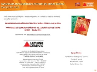 PANORAMA DO COMÉRCIO EXTERIOR DE MINAS GERAIS
MARÇO DE 2012


 Para uma análise completa do desempenho do comércio exterior mineiro,
 consulte também:

  PANORAMA DO COMÉRCIO EXTERIOR DE MINAS GERAIS – Edição 2011

   PANORAMA DO COMÉRCIO EXTERIOR DO AGRONEGÓCIO DE MINAS
                    GERAIS – Edição 2011

               Disponível em www.exportaminas.mg.gov.br




                        GOVERNO DO ESTADO DE MINAS GERAIS
                SECRETARIA DE ESTADO DE DESENVOLVIMENTO ECONÔMICO                Equipe Técnica :
                    COORDENAÇÃO ESPECIAL DE COMÉRCIO EXTERIOR
                         CENTRAL EXPORTAMINAS                            Ivan Barbosa Netto (Resp. Técnico)
                           Avenida Afonso Pena, 2910 / Térreo                    Fernanda Senna
                    Funcionários – Belo Horizonte – MG – 30130-007
                                                                                Renata Eller Santos
                    Telefone: (31) 3269.5500 – Fax: (31) 3269.5511
                      Atendimento ao exportador: 0800-770-7087                  Rafael Grosso Rios
                         Internet: www.exportaminas.mg.gov.br
                        E-mail: central@exportaminas.mg.gov.br

                                                                                                              12
 