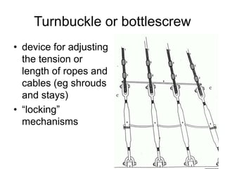 Turnbuckle or bottlescrew
• device for adjusting
the tension or
length of ropes and
cables (eg shrouds
and stays)
• “locking”
mechanisms
 