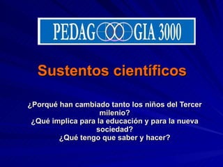   Sustentos científicos   ¿Porqué han cambiado tanto los niños del Tercer milenio? ¿Qué implica para la educación y para la nueva sociedad? ¿Qué tengo que saber y hacer? 